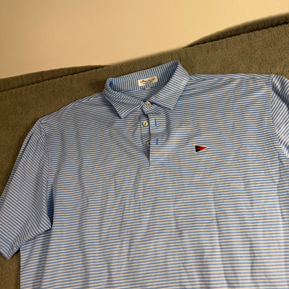 Peter Millar Summer Comfort Polo Shirt XL Blue White Striped Burgee Flag Logo